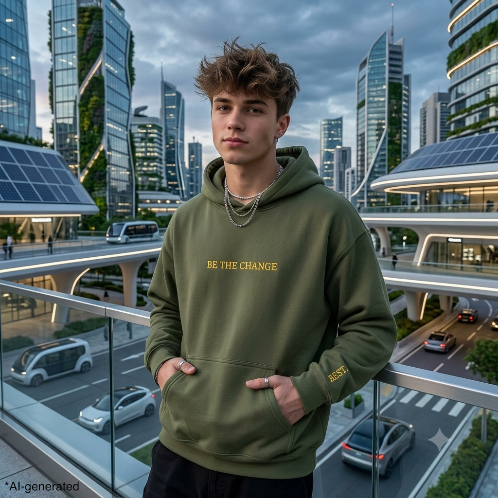BE THE CHANGE Gold Embroidered Modern-Classic Minimalist Hoodie