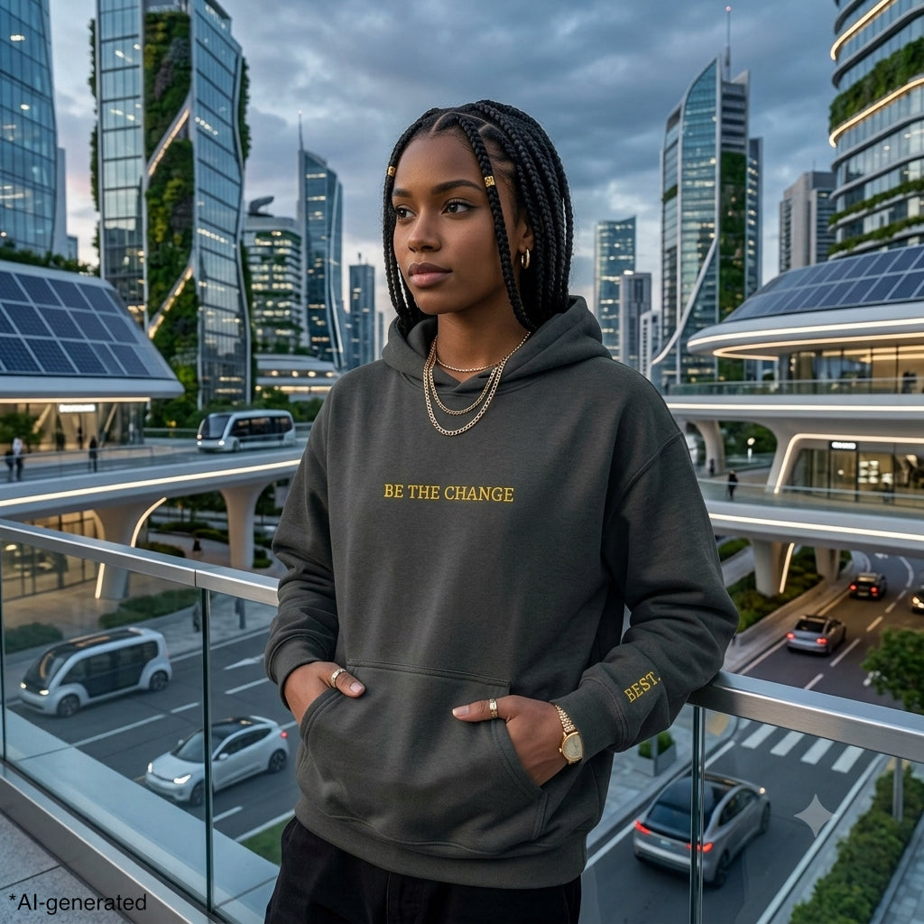 BE THE CHANGE Gold Embroidered Modern-Classic Minimalist Hoodie