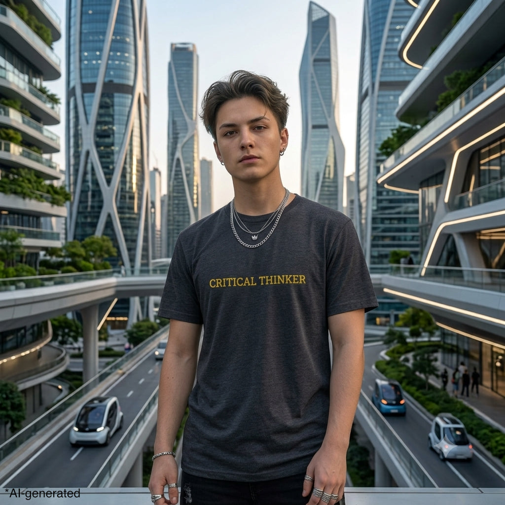 CRITICAL THINKER Gold Embroidered Modern-Classic Minimalist Tee