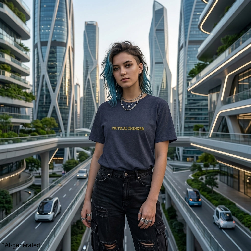 CRITICAL THINKER Gold Embroidered Modern-Classic Minimalist Tee